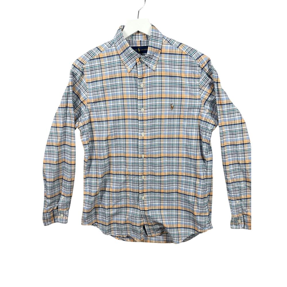 Ralph Lauren Shirt Custom Fit Mens M Blue Plaid Mediumweight Flesh Pony Preppy - Picture 1 of 9